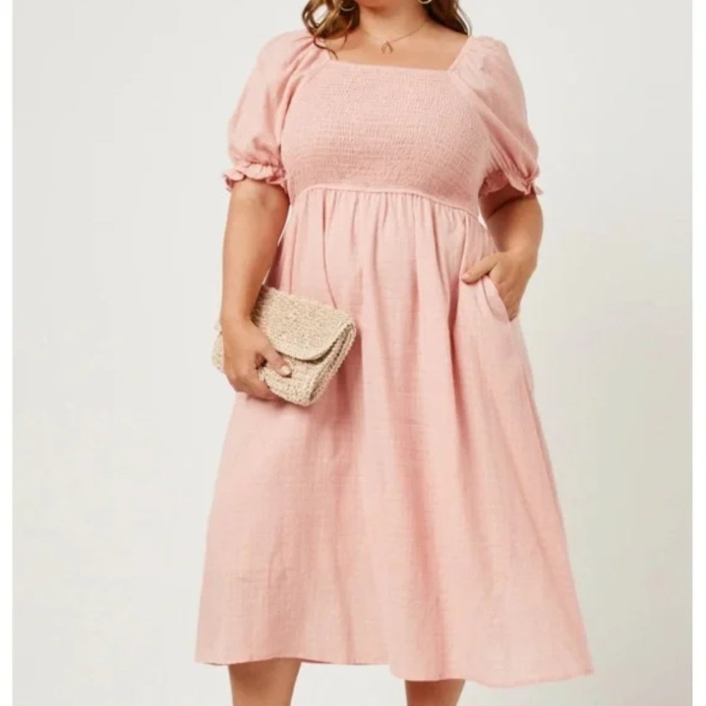 Smocked Bodice Puff Sleeve Midi Dress NWT Women's and Plus Sizes Available - Picture 4 of 6